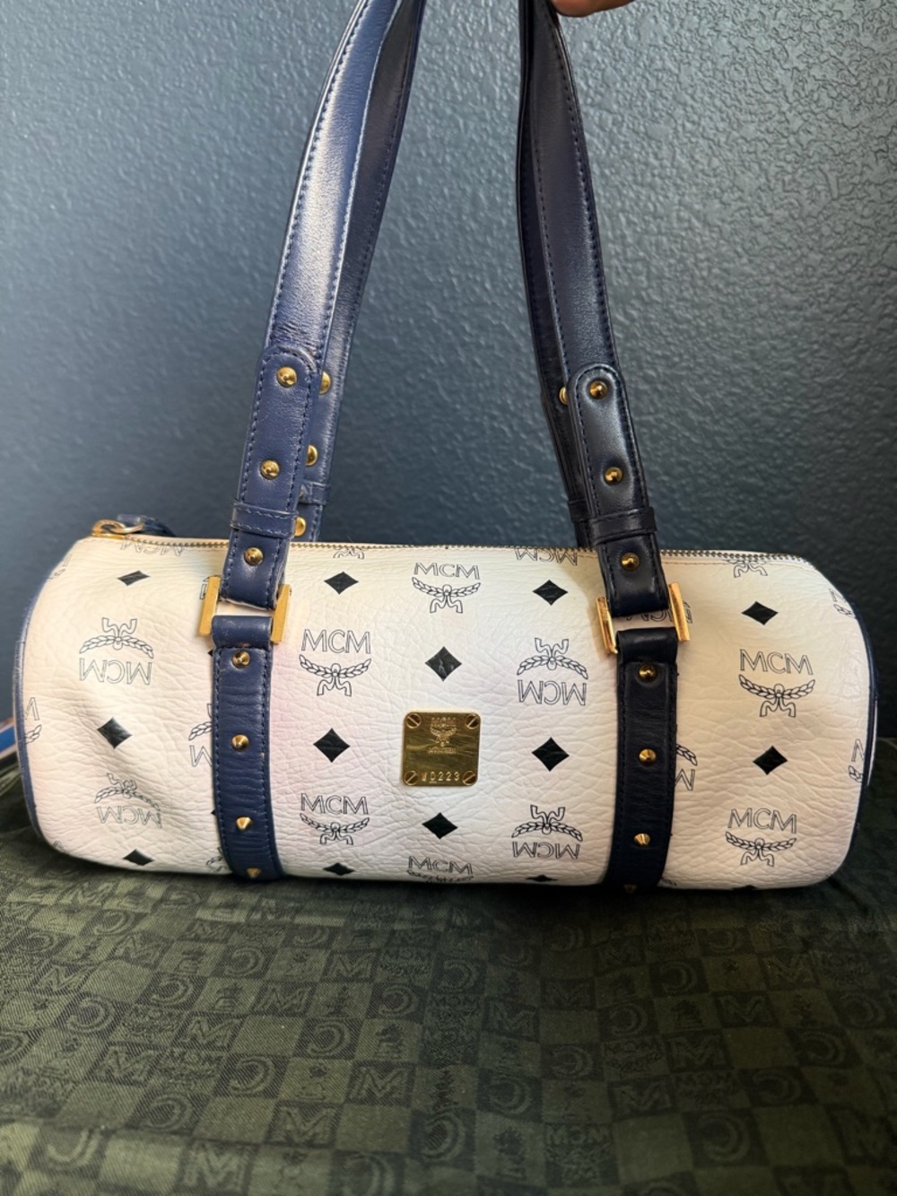 MCM White Logo Papillion Bag with Navy Straps and Gold Hardware